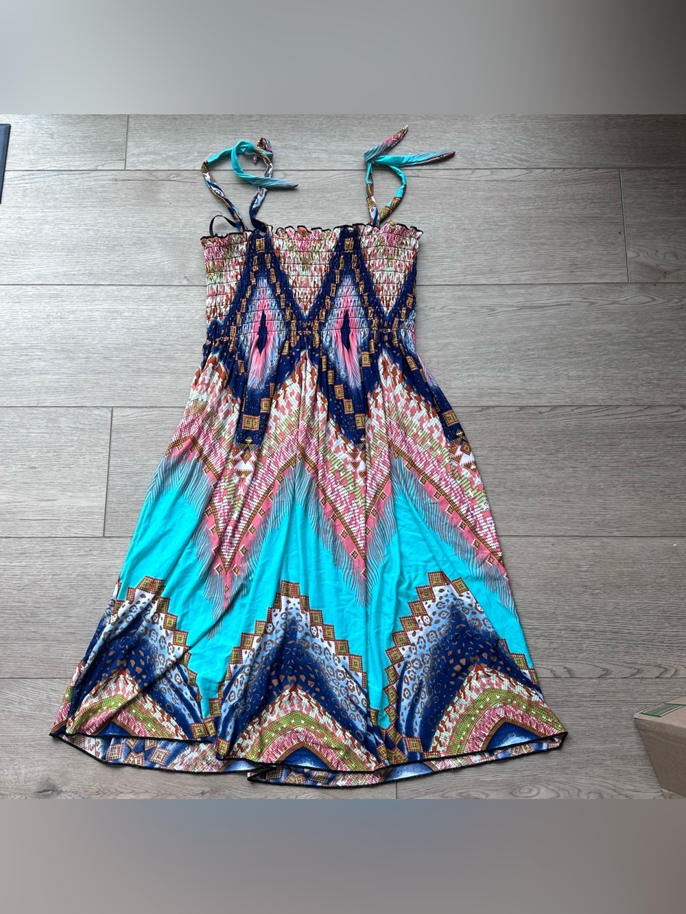 Boho Smocked Sundress Maxi Dress L-XL Flowy Beach Vacation Tie Strap Colorful